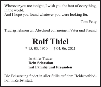 Traueranzeige von Rolf Thiel  von Magdeburger Volksstimme