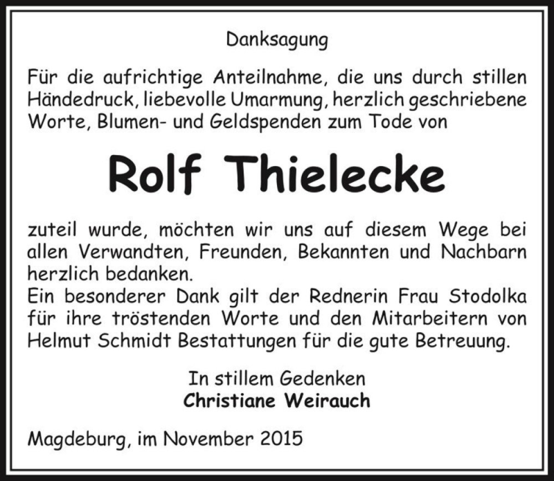  Traueranzeige für Rolf Thielecke  vom 28.11.2015 aus Magdeburger Volksstimme