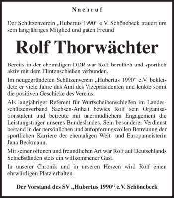 Traueranzeige von Rolf Thorwächter  von Magdeburger Volksstimme