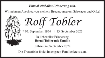 Traueranzeige von Rolf Tobler  von Magdeburger Volksstimme