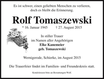Traueranzeige von Rolf Tomaszewski  von Magdeburger Volksstimme
