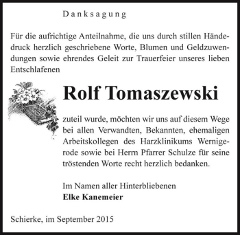 Traueranzeige von Rolf Tomaszewski  von Magdeburger Volksstimme