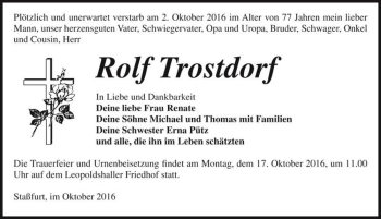 Traueranzeige von Rolf Trostdorf  von Magdeburger Volksstimme