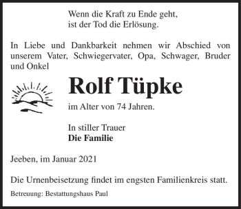 Traueranzeige von Rolf Tüpke  von Magdeburger Volksstimme