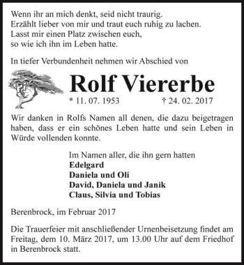 Traueranzeige von Rolf Viererbe  von Magdeburger Volksstimme