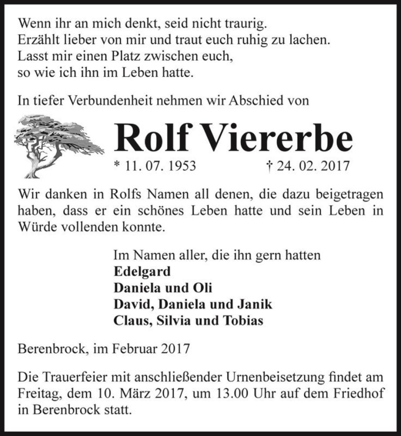  Traueranzeige für Rolf Viererbe  vom 01.03.2017 aus Magdeburger Volksstimme