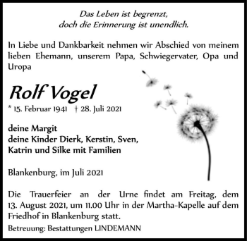 Traueranzeige von Rolf Vogel  von Magdeburger Volksstimme