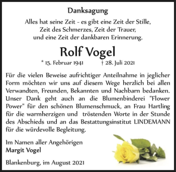 Traueranzeige von Rolf Vogel  von Magdeburger Volksstimme