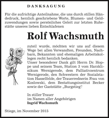 Traueranzeige von Rolf Wachsmuth  von Magdeburger Volksstimme