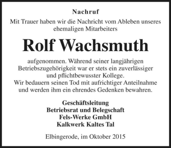 Traueranzeige von Rolf Wachsmuth  von Magdeburger Volksstimme