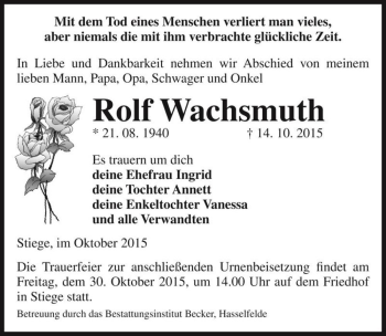 Traueranzeige von Rolf Wachsmuth  von Magdeburger Volksstimme