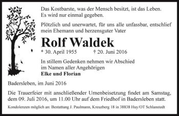 Traueranzeige von Rolf Waldek  von Magdeburger Volksstimme