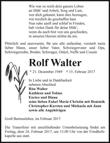 Traueranzeige von Rolf Walter  von Magdeburger Volksstimme