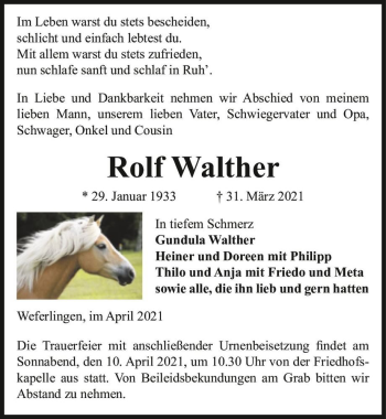 Traueranzeige von Rolf Walther  von Magdeburger Volksstimme
