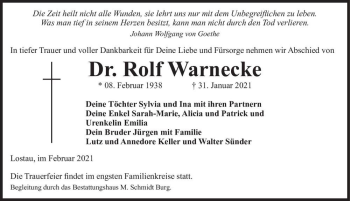 Traueranzeige von Rolf Warnecke  von Magdeburger Volksstimme