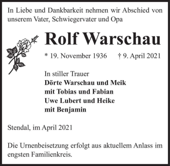 Traueranzeige von Rolf Warschau  von Magdeburger Volksstimme