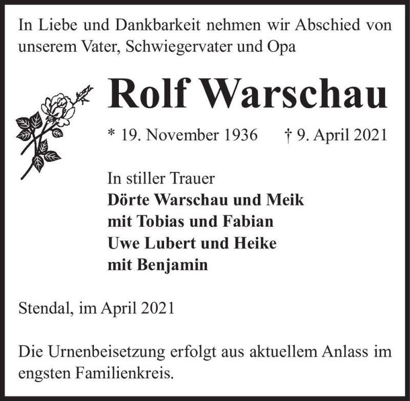  Traueranzeige für Rolf Warschau  vom 24.04.2021 aus Magdeburger Volksstimme