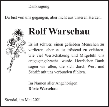 Traueranzeige von Rolf Warschau  von Magdeburger Volksstimme