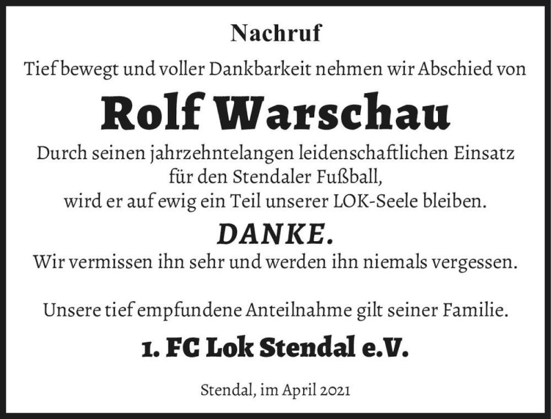  Traueranzeige für Rolf Warschau  vom 03.05.2021 aus Magdeburger Volksstimme