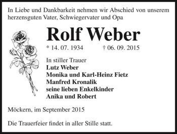 Traueranzeige von Rolf Weber  von Magdeburger Volksstimme