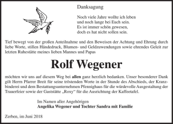 Traueranzeige von Rolf Wegener  von Magdeburger Volksstimme