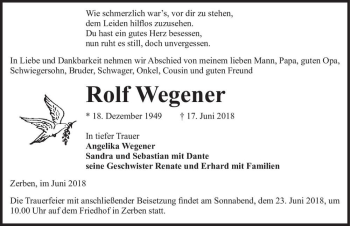 Traueranzeige von Rolf Wegener  von Magdeburger Volksstimme
