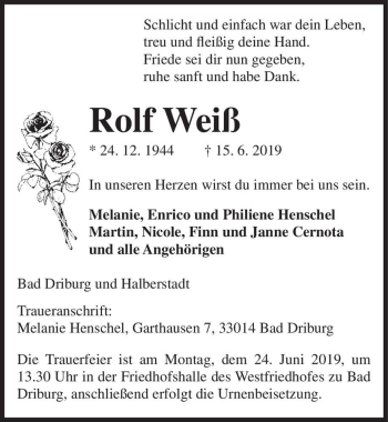 Traueranzeige von Rolf Weiß  von Magdeburger Volksstimme