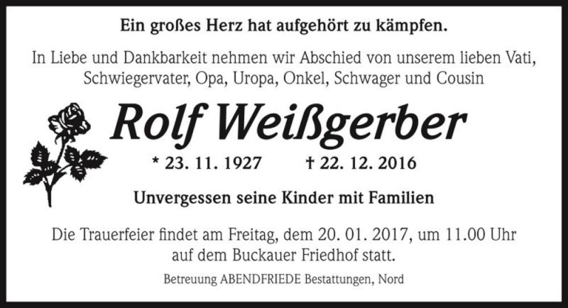  Traueranzeige für Rolf Weißgerber  vom 31.12.2016 aus Magdeburger Volksstimme