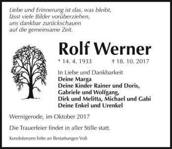 Traueranzeige von Rolf Werner  von Magdeburger Volksstimme