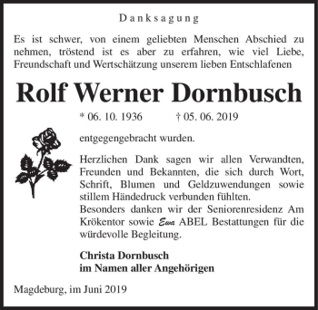 Traueranzeige von Rolf Werner Dornbusch  von Magdeburger Volksstimme
