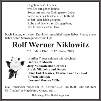Traueranzeige von Rolf Werner Niklowitz  von Magdeburger Volksstimme