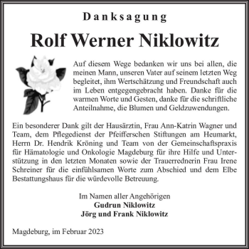 Traueranzeige von Rolf Werner Niklowitz  von Magdeburger Volksstimme