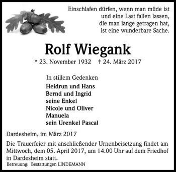 Traueranzeige von Rolf Wiegank  von Magdeburger Volksstimme