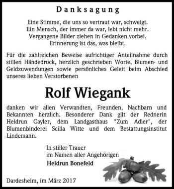 Traueranzeige von Rolf Wiegank  von Magdeburger Volksstimme
