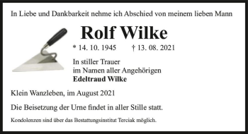 Traueranzeige von Rolf Wilke  von Magdeburger Volksstimme