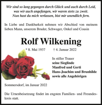 Traueranzeige von Rolf Wilkening  von Magdeburger Volksstimme