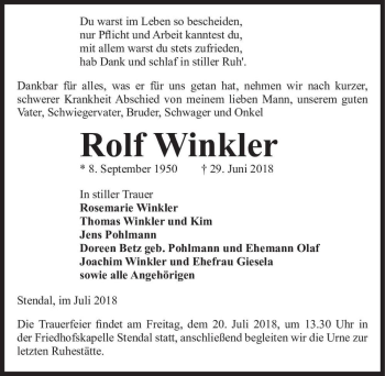 Traueranzeige von Rolf Winkler  von Magdeburger Volksstimme