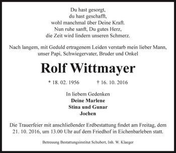 Traueranzeige von Rolf Wittmayer  von Magdeburger Volksstimme