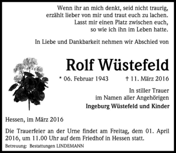 Traueranzeige von Rolf Wüstefeld  von Magdeburger Volksstimme