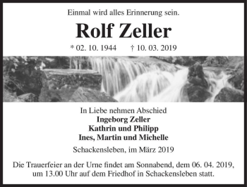 Traueranzeige von Rolf Zeller  von Magdeburger Volksstimme