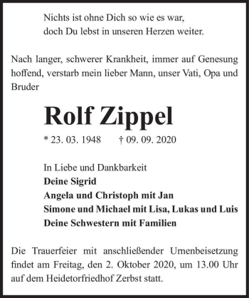Traueranzeige von Rolf Zippel  von Magdeburger Volksstimme