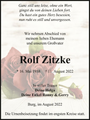 Traueranzeige von Rolf Zitzke  von Magdeburger Volksstimme