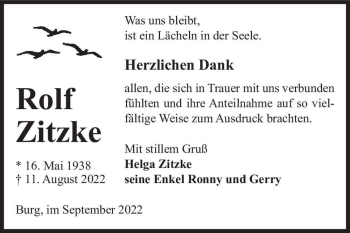 Traueranzeige von Rolf Zitzke  von Magdeburger Volksstimme