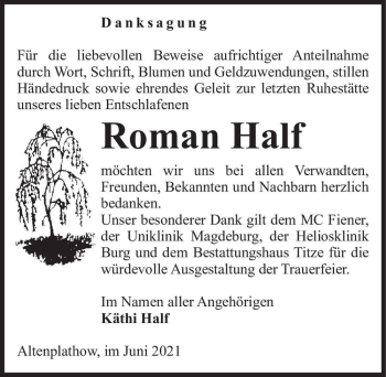 Traueranzeige von Roman Half  von Magdeburger Volksstimme