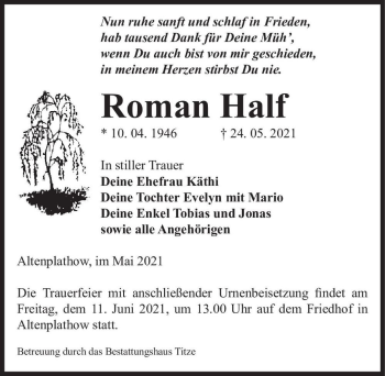 Traueranzeige von Roman Half  von Magdeburger Volksstimme