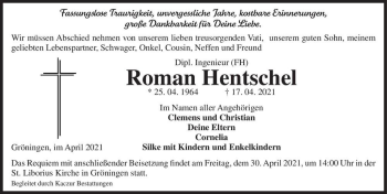 Traueranzeige von Roman Hentschel  von Magdeburger Volksstimme