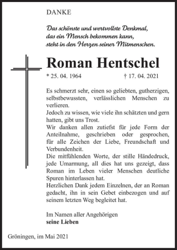 Traueranzeige von Roman Hentschel  von Magdeburger Volksstimme