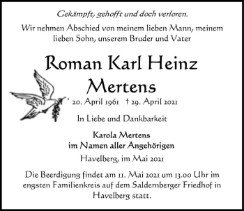 Traueranzeige von Roman Karl Heinz Mertens  von Magdeburger Volksstimme