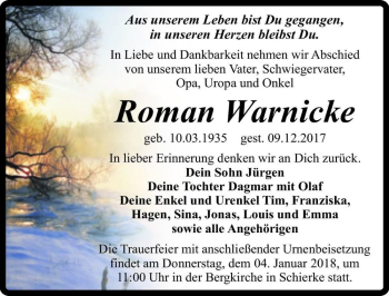 Traueranzeige von Roman Warnicke  von Magdeburger Volksstimme