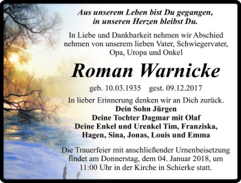 Traueranzeige von Roman Warnicke  von Magdeburger Volksstimme